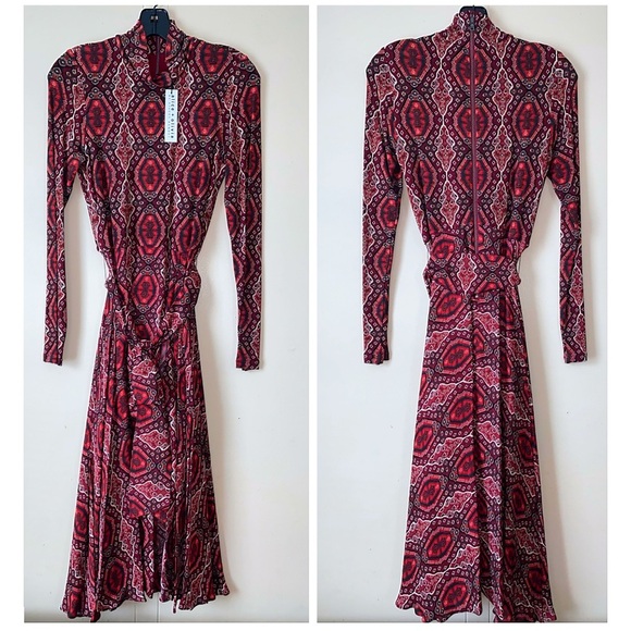 Alice + Olivia Clare Turtleneck Long Sleeve Midi Boho Burgundy Red Dress - Picture 7 of 16